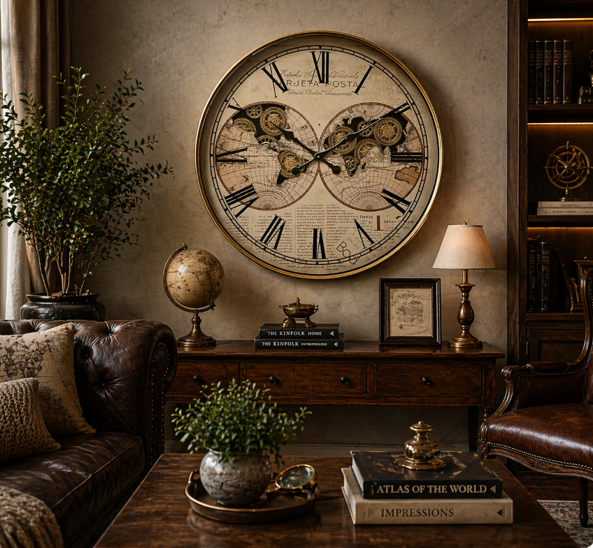 Vintage World Map Wall Clock – Classic Antique Design (80-80-8cm