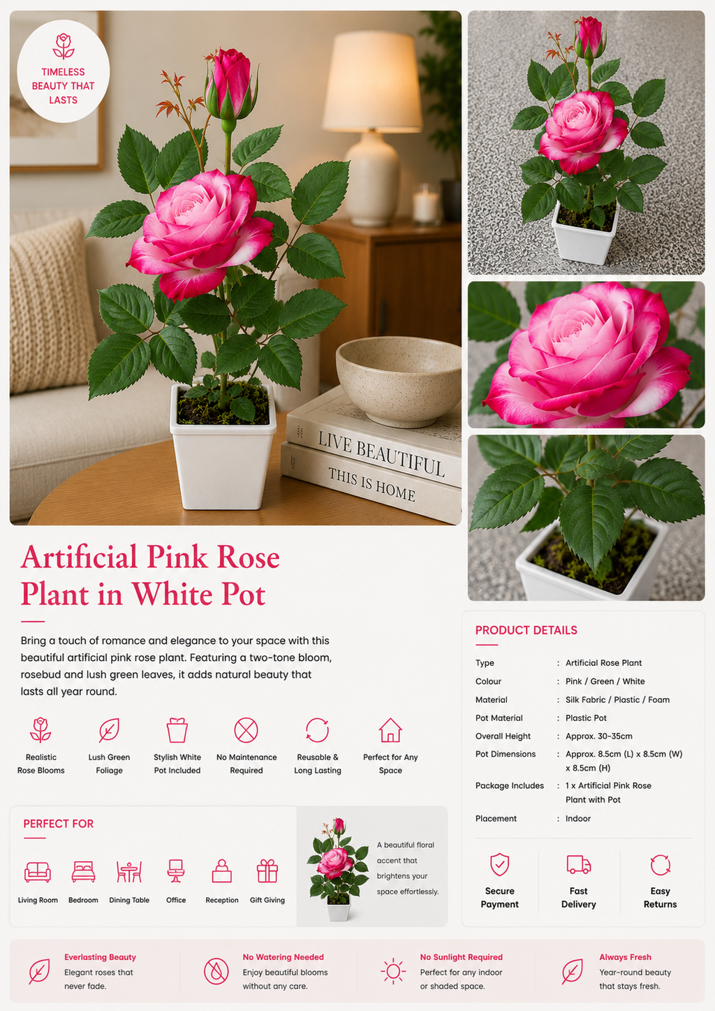 Artificial Pink Rose Plant in White Pot