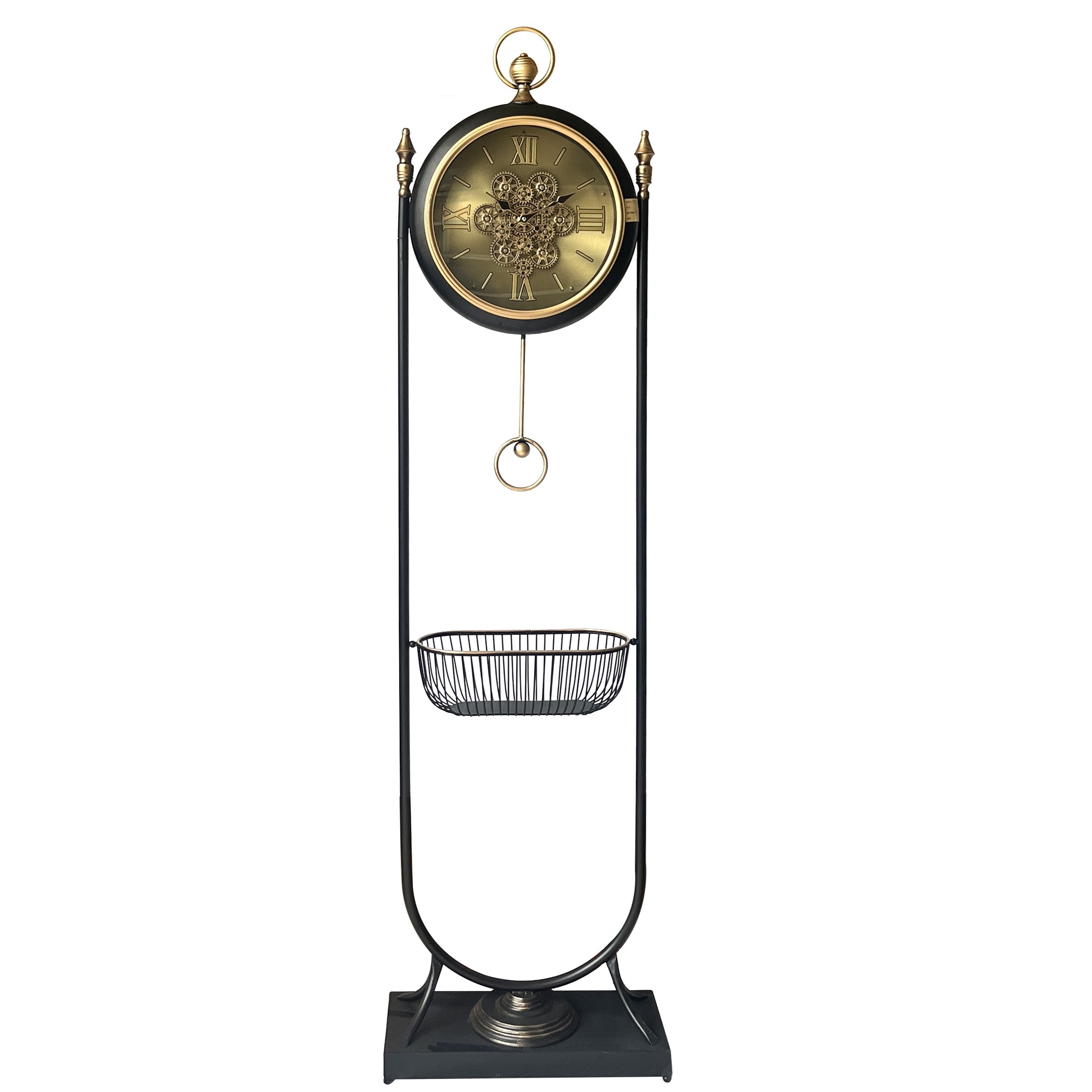 Regal Stand Floor Clock with Storage Basket – Black & Gold (182-50-22cm)