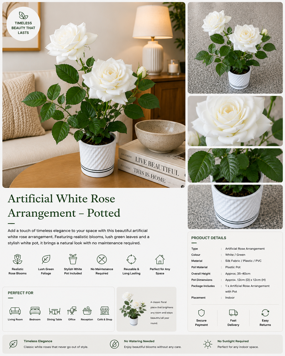 Artificial White Rose Arrangement – Potted
