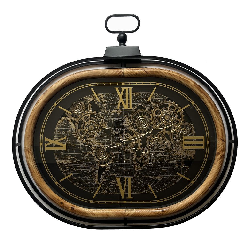 Voyager World Map Wall Clock – Black, Wood & Gold Gear Design (75-72-8cm)