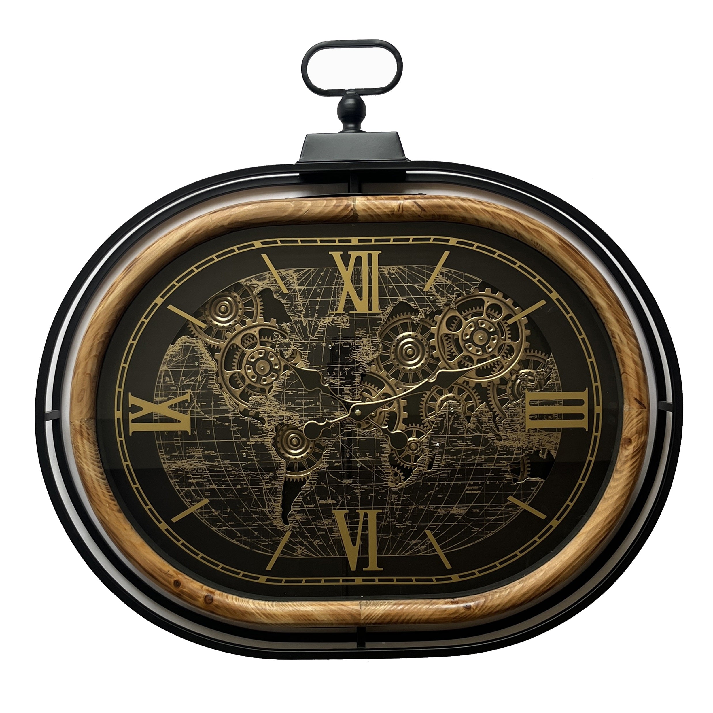Voyager World Map Wall Clock – Black, Wood & Gold Gear Design (75-72-8cm)