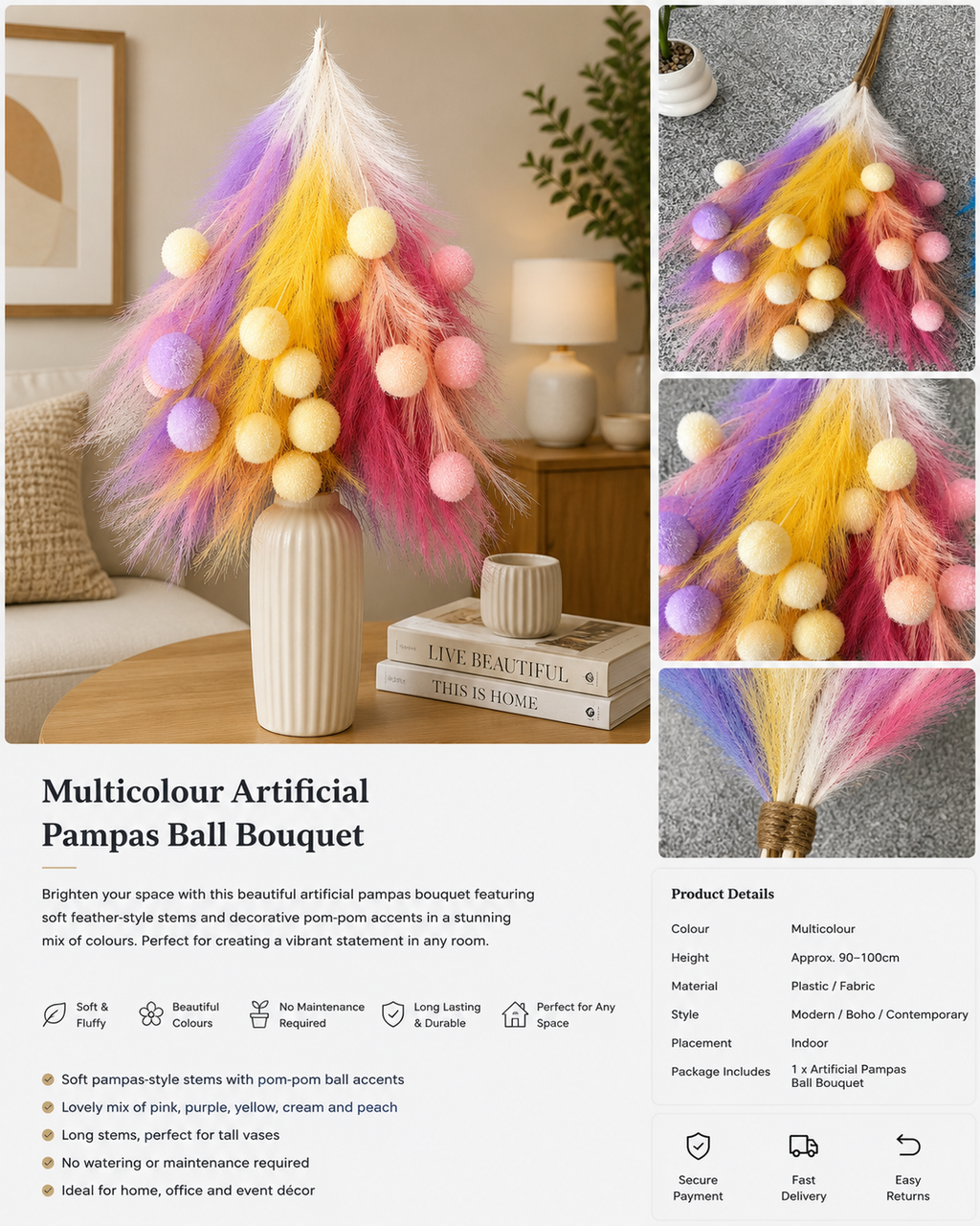 Multicolour Artificial Pampas Ball Bouquet