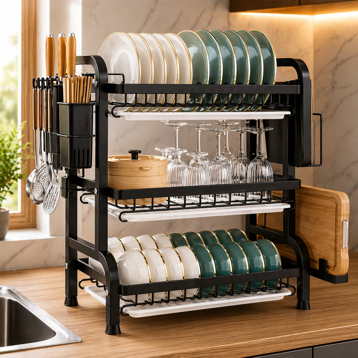 AURA 3-Tier Deluxe Dish Rack – Premium Kitchen Organiser Set