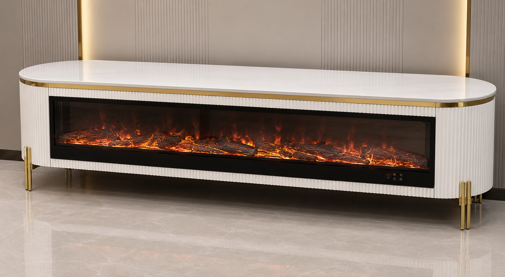 Modern Electric Fireplace TV Unit – White & Gold  Size: 200 × 40 cm. Item NO:TVA45F-white