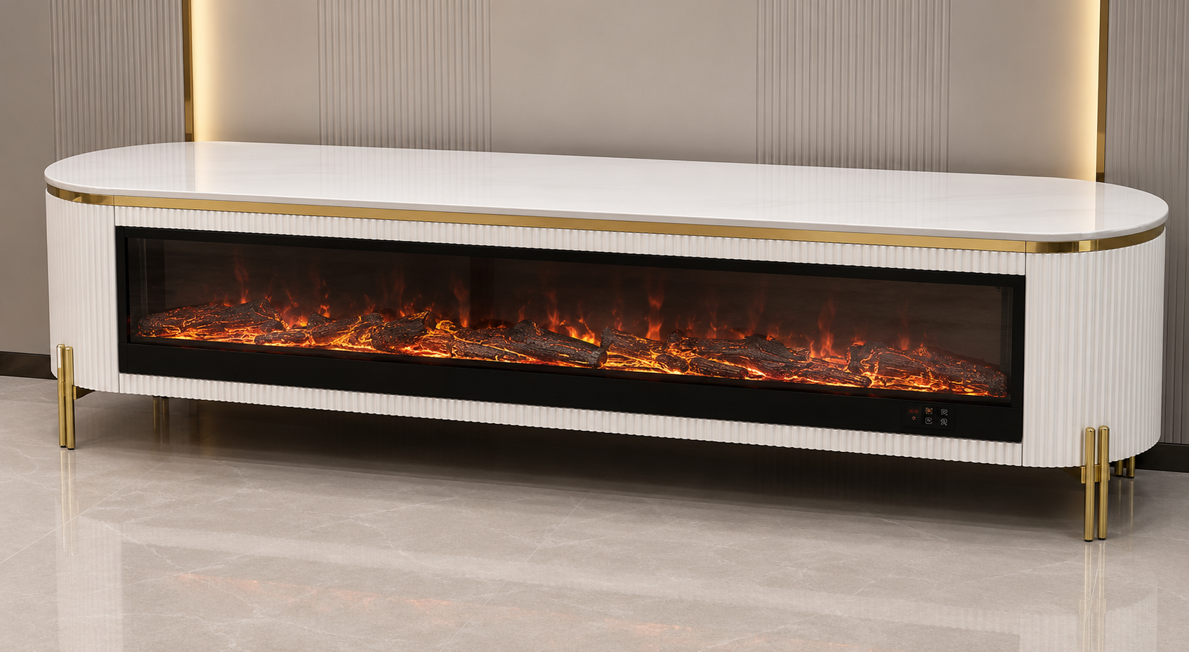 Modern Electric Fireplace TV Unit – White & Gold  Size: 200 × 40 cm. Item NO:TVA45F-white
