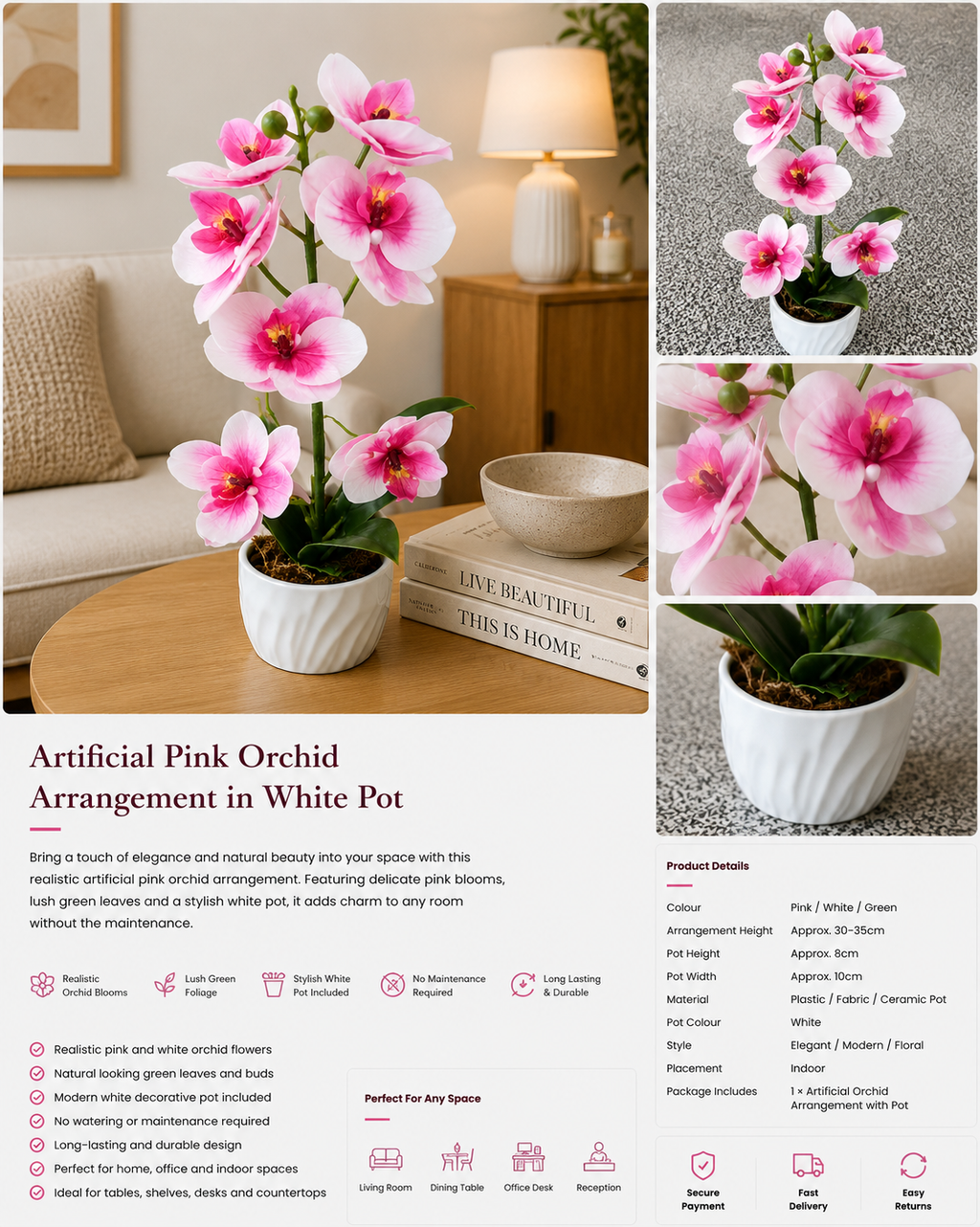 Artificial Pink Orchid Arrangement in White Pot