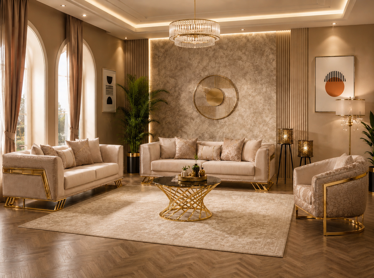 Luxury Velvet Sofa Set with Gold Stainless Steel Frame. Item No: 3065#