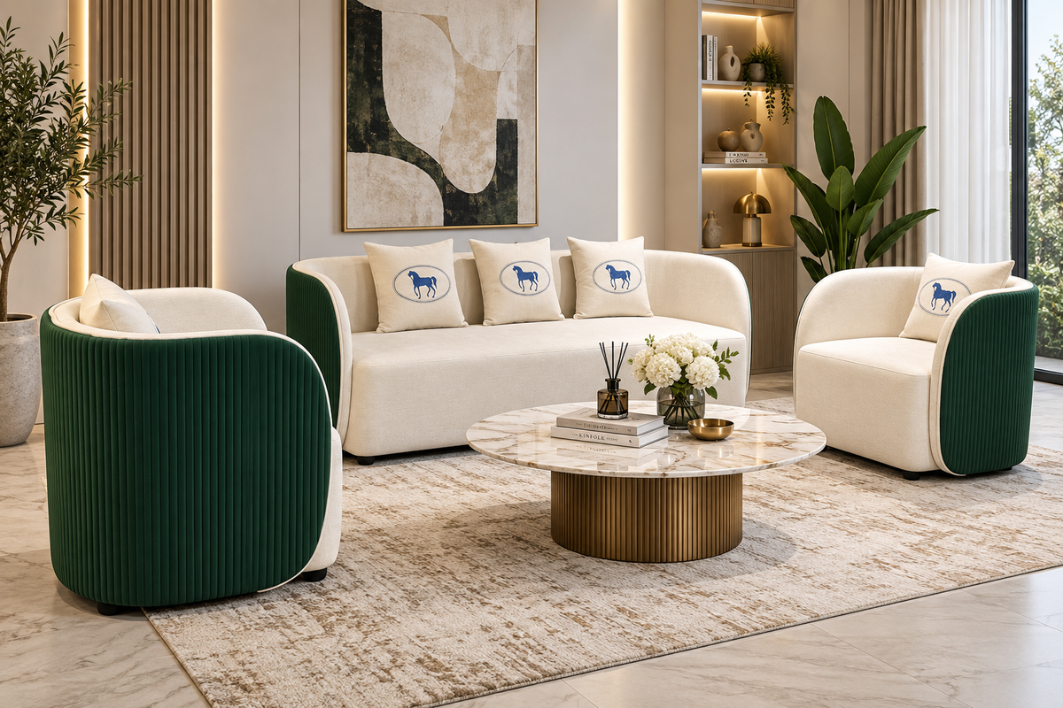 Modern 1–3–1 Sofa Set – Cream & Green