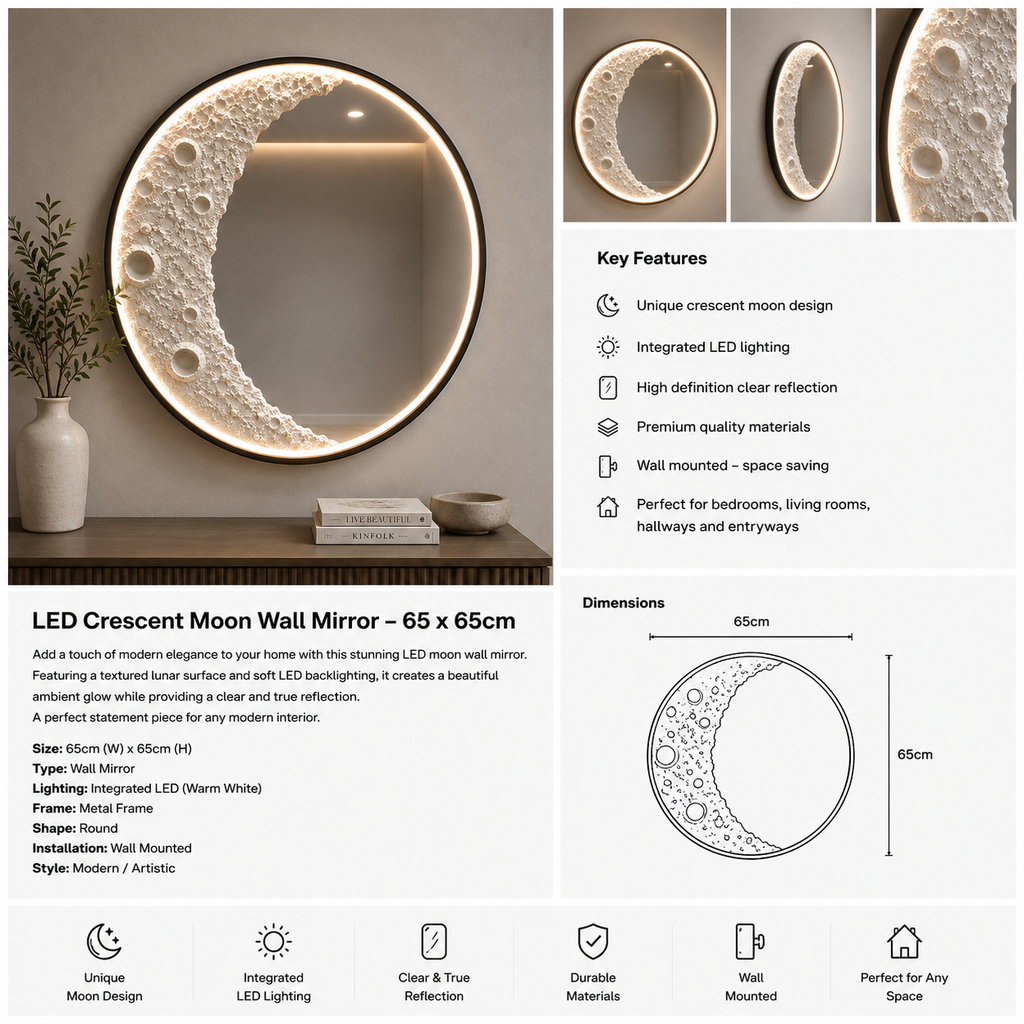 LED Crescent Moon Wall Mirror – 65 × 65cm.