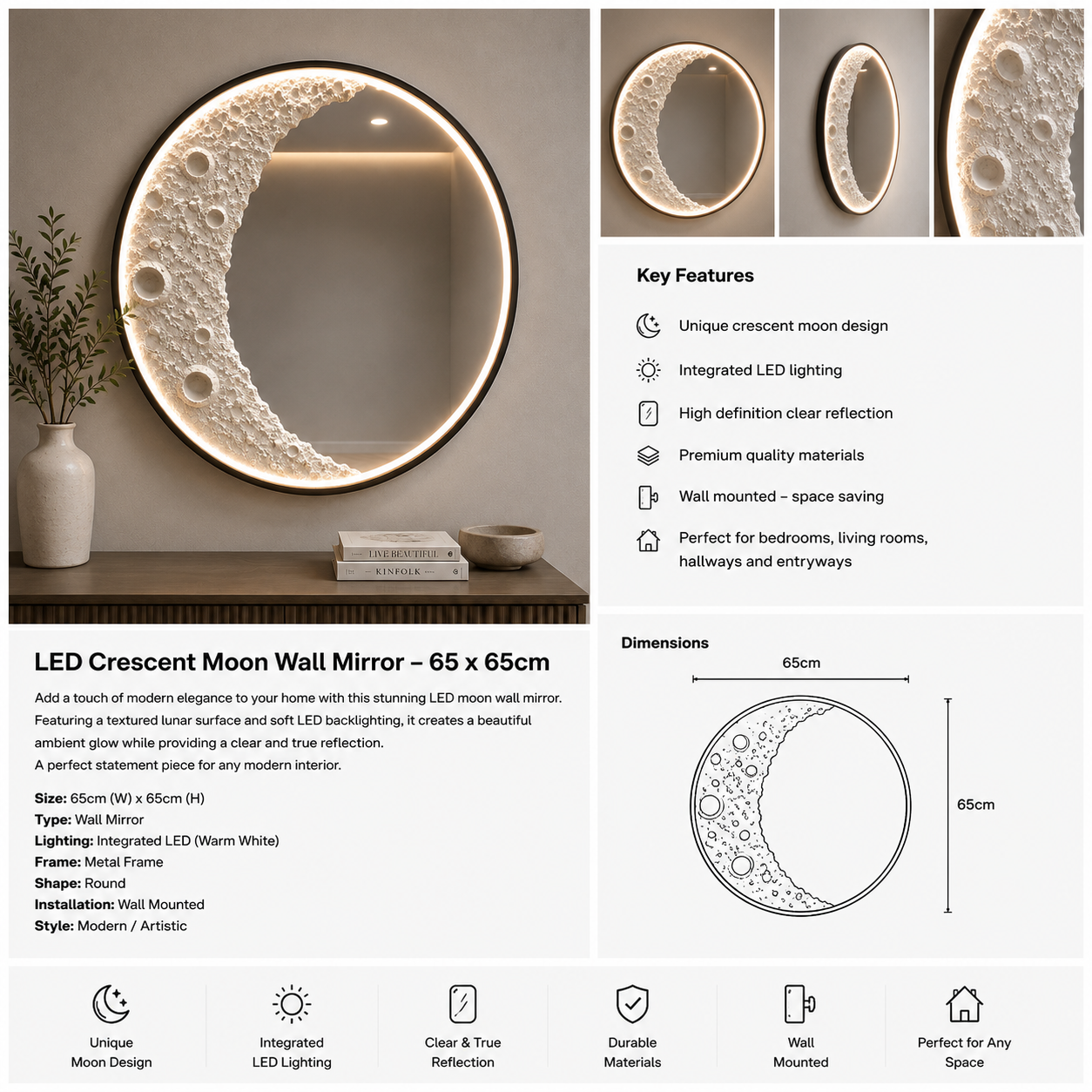 LED Crescent Moon Wall Mirror – 65 × 65cm.