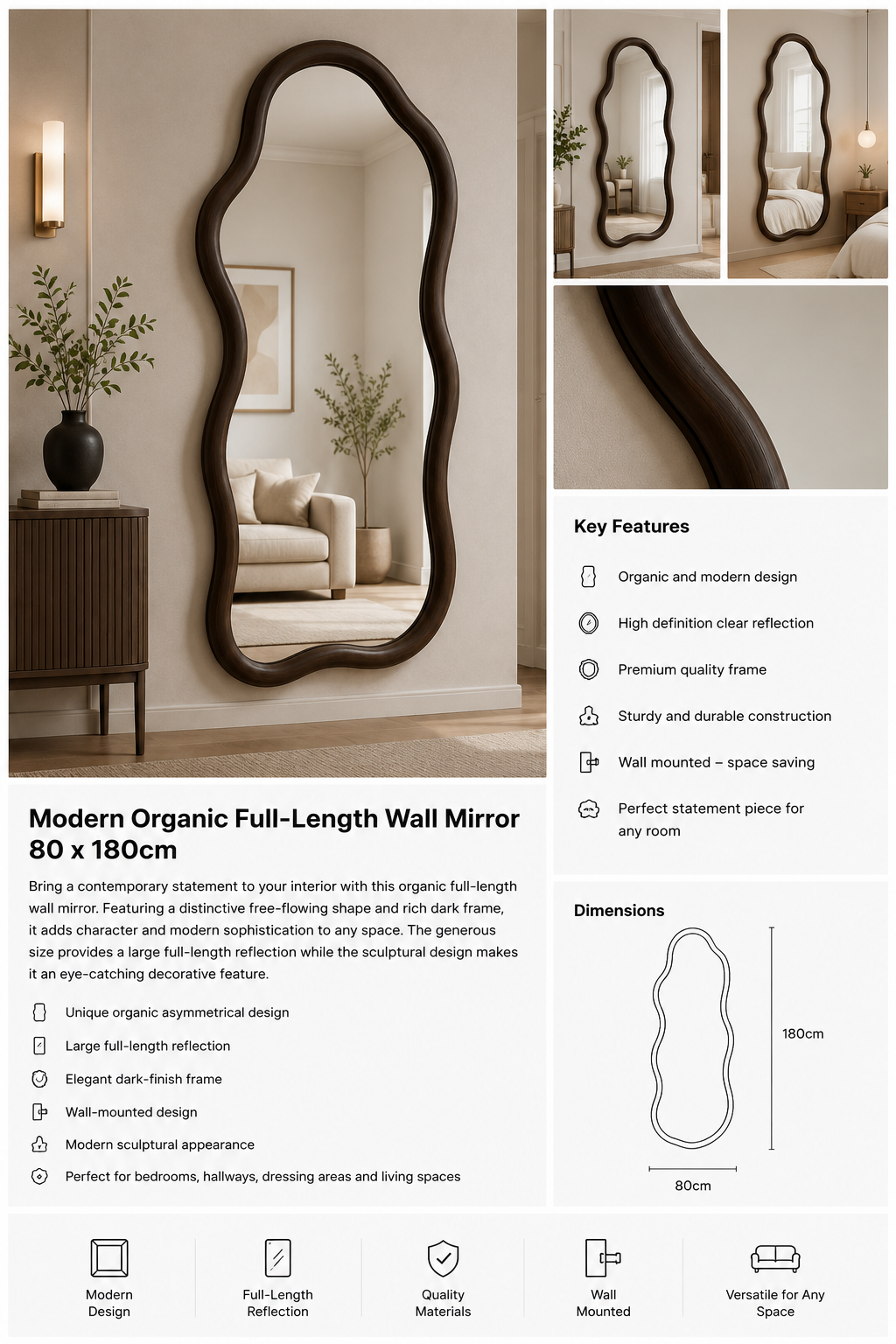 Modern Organic Full-Length Wall Mirror – 80 × 180cm