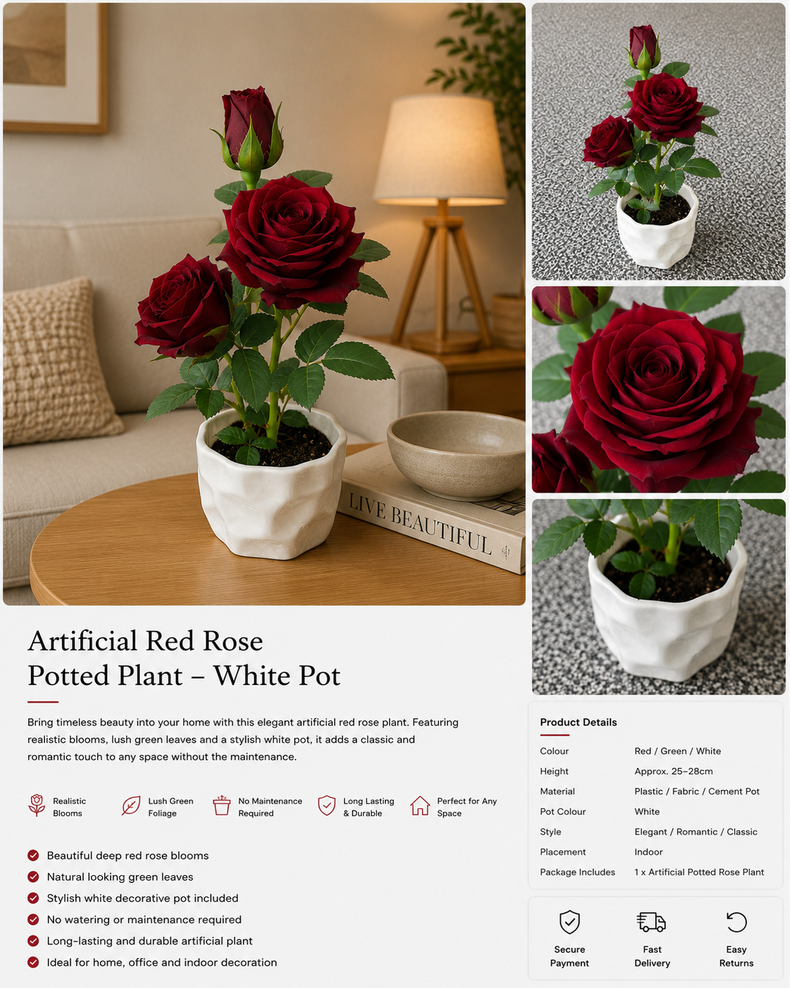 Artificial Red Rose Potted Plant – White Pot