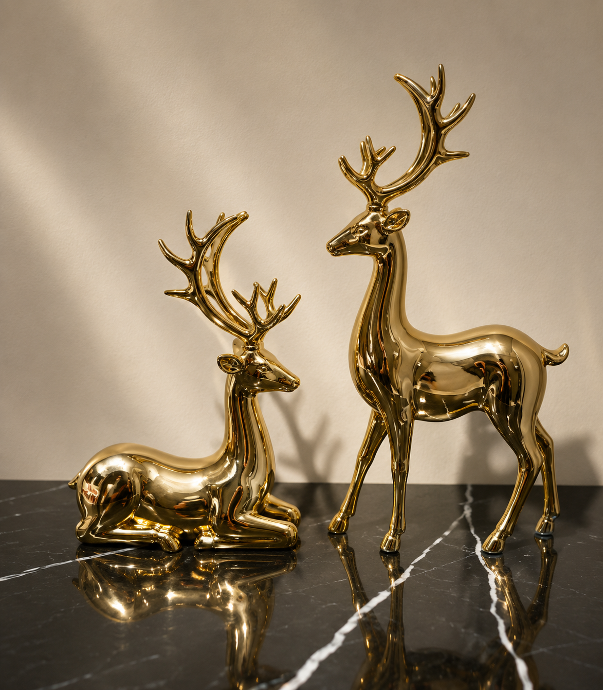 Golden Deer Resin Sculpture Set – 2 Piece Decorative Set. Item No: 2701g
