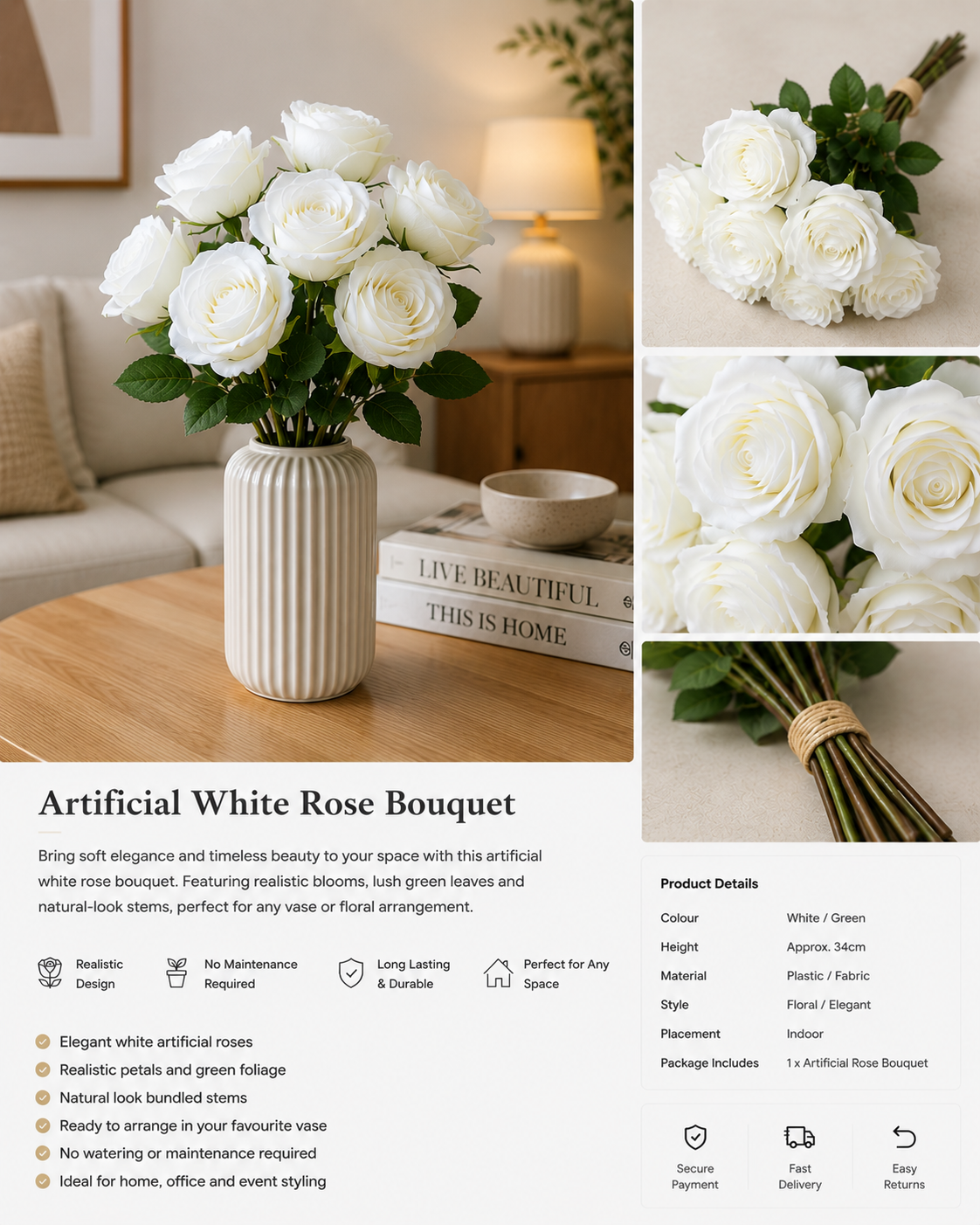 Artificial White Rose Bouquet