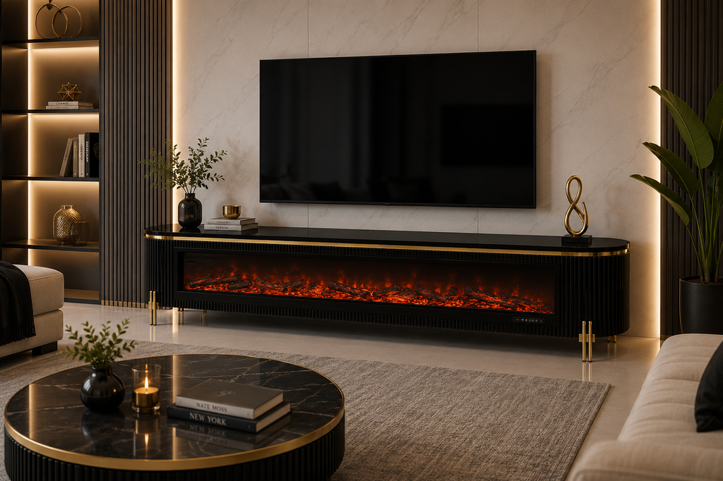 Modern Electric Fireplace TV Unit – Black & Gold Size: 200 × 40 cm. Item NO: TVA45F-black