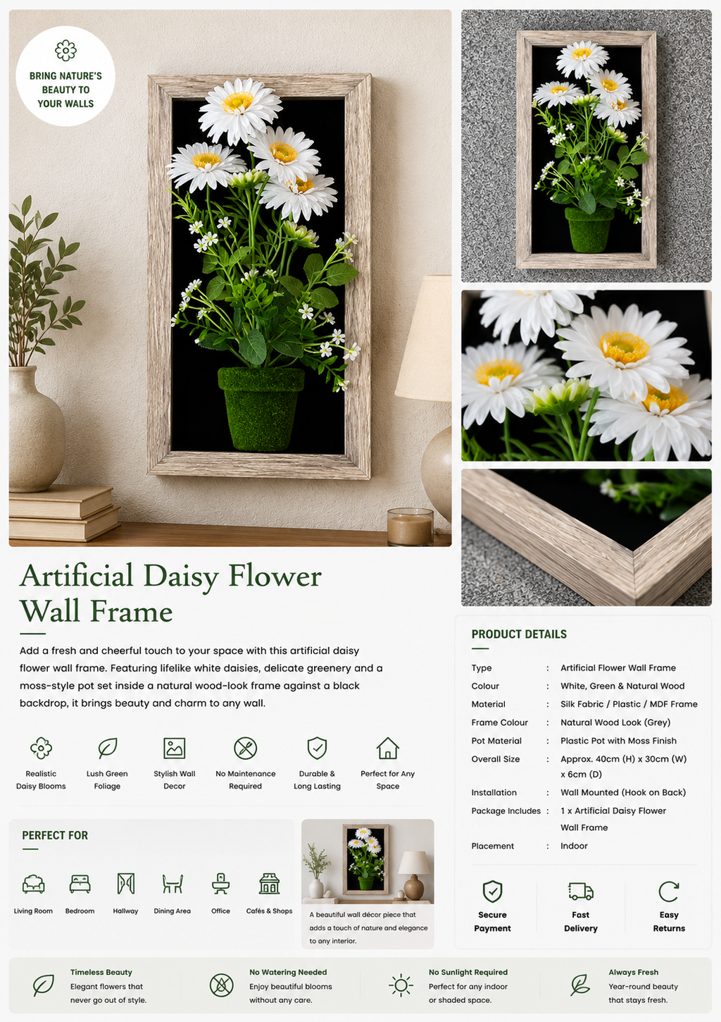 Artificial Daisy Flower Wall Frame – Decorative Floral Wall Art