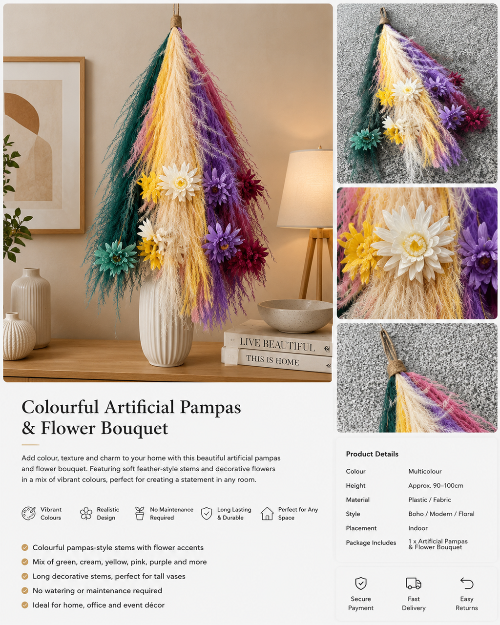 Colourful Artificial Pampas & Flower Bouquet