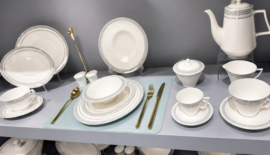 Imperial Silver 67-Piece Bone China Dinner Set. item No: BL67-22