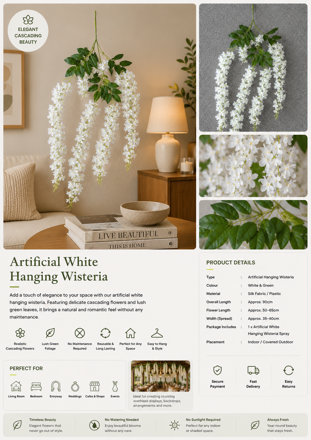 Artificial White Hanging Wisteria – Cascading Floral Spray