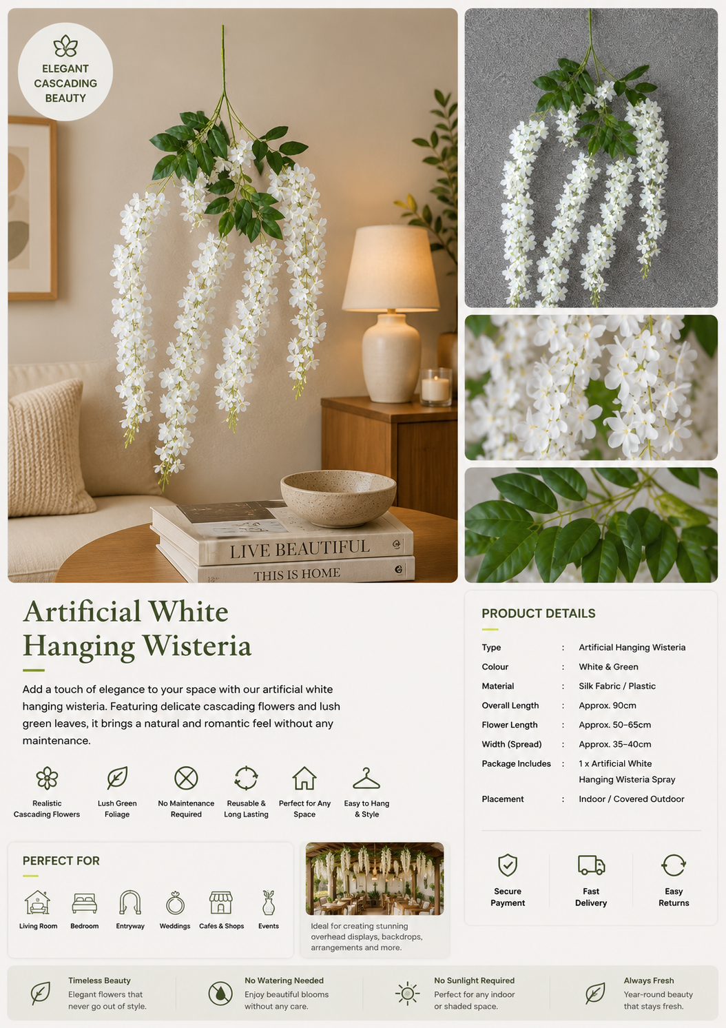 Artificial White Hanging Wisteria – Cascading Floral Spray
