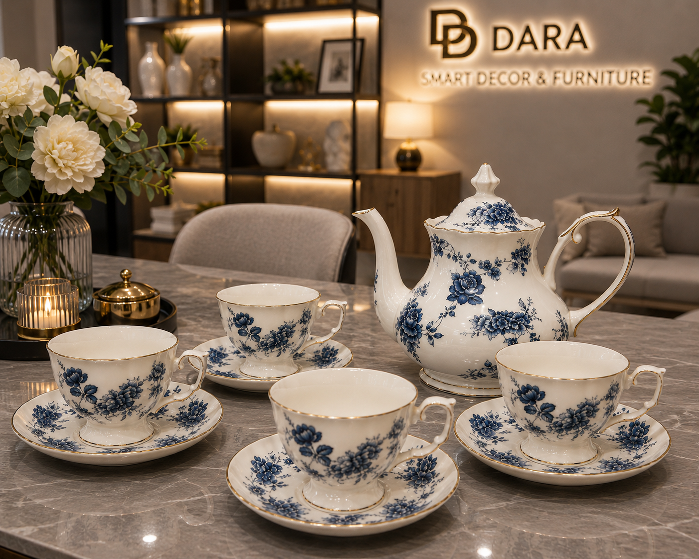 Blue Floral Ceramic Tea Set – 9 Piece