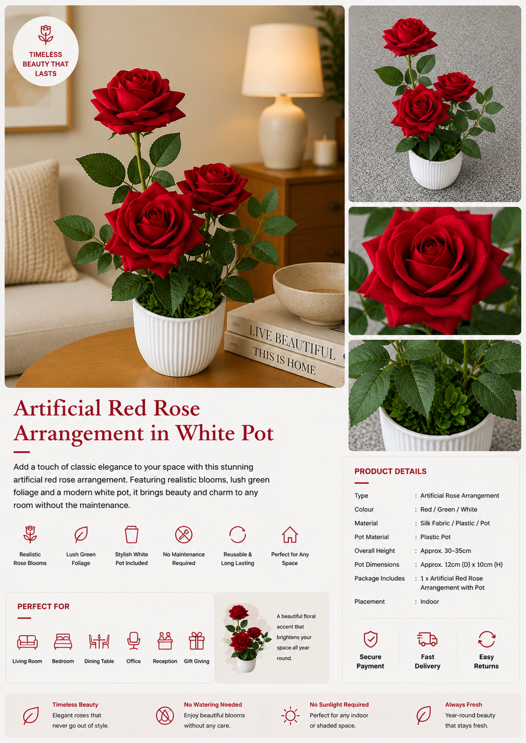Artificial Red Rose Arrangement in White Pot