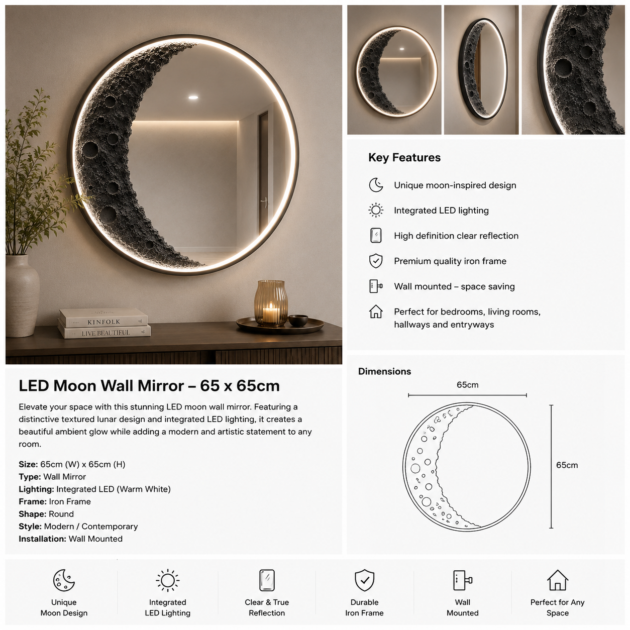 LED Moon Wall Mirror – 65 × 65cm