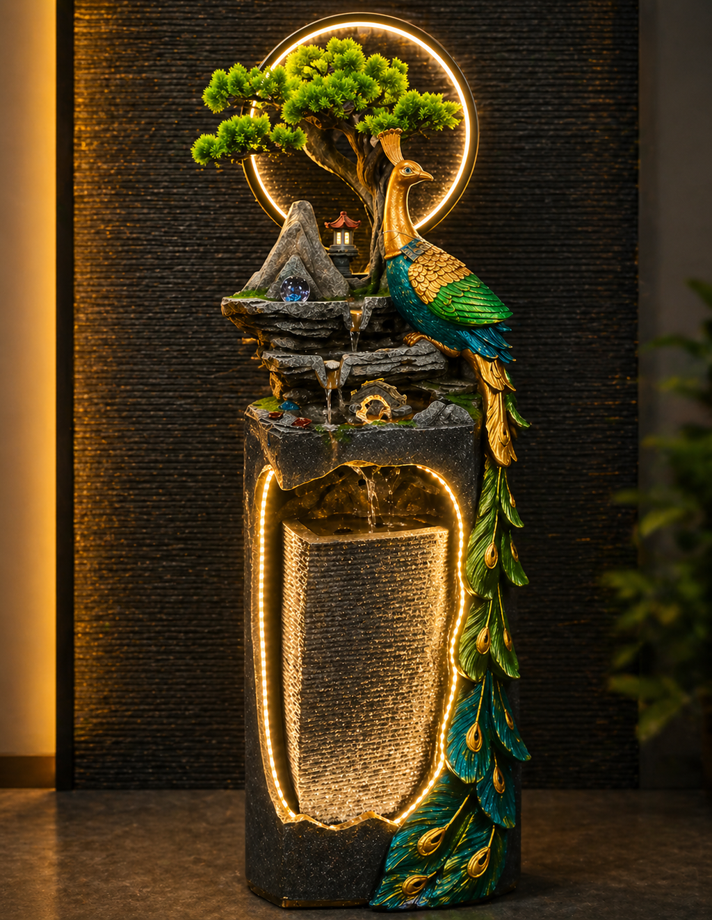 DARA Peacock Serenity LED Water Feature Fountain