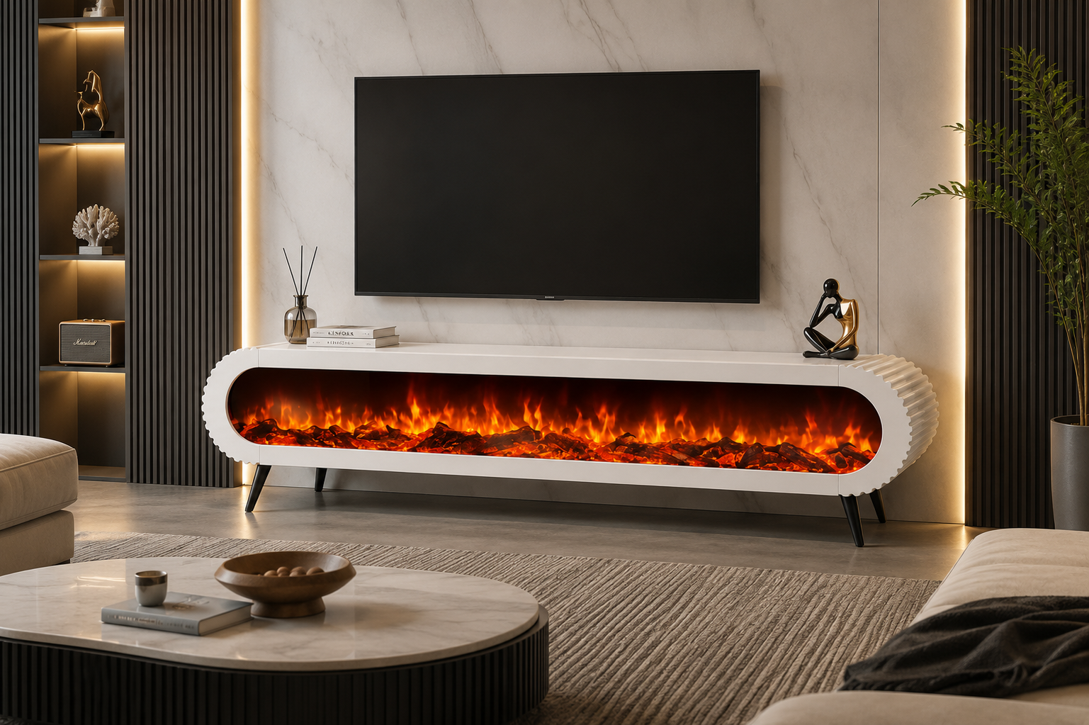 Modern Electric Fireplace TV Unit – White Size: 180 × 40 cm. item No: TVA48F-WHITE