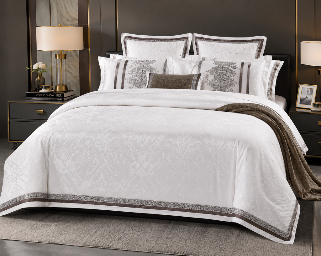 Vogue Luxe Jacquard Bedding Set – White & Silver - bed sheet- | 200 x 230 cm