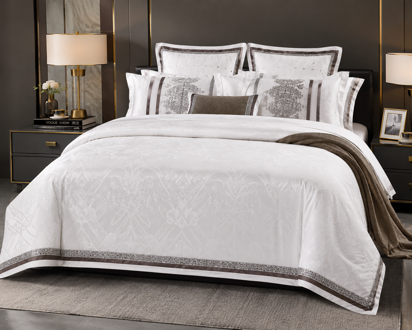 Vogue Luxe Jacquard Bedding Set – White & Silver - bed sheet- | 200 x 230 cm