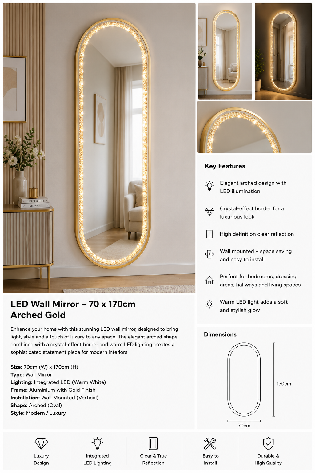 Luxury Crystal LED Wall Mirror – 70 × 170cm