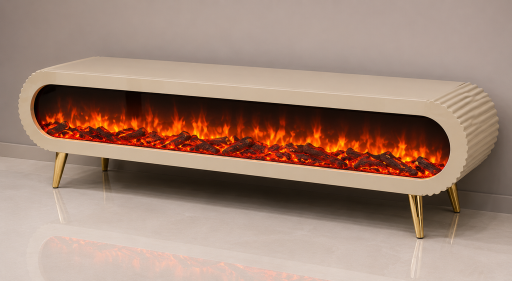 Modern Electric Fireplace TV Unit – White & Gold Size: 180 × 40 cm. Item No: TVA48F-CREAM