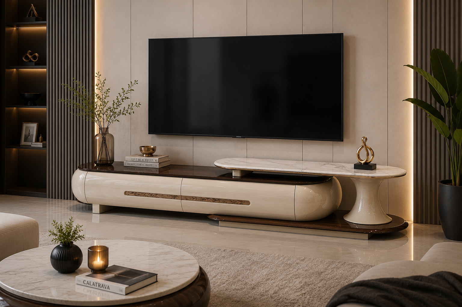 Modern Luxury TV Unit with Marble Display Shelf  Size: 210 × 40 cm. Item No: TVH46