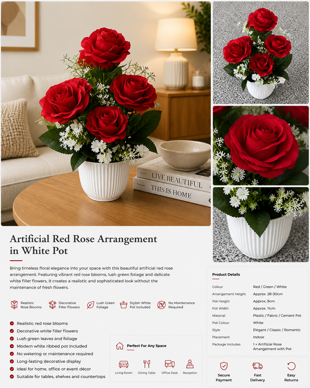 Artificial Red Rose Arrangement in White Pot