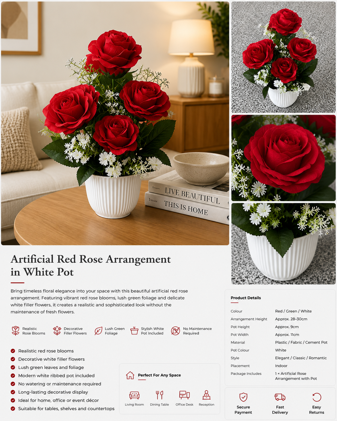 Artificial Red Rose Arrangement in White Pot