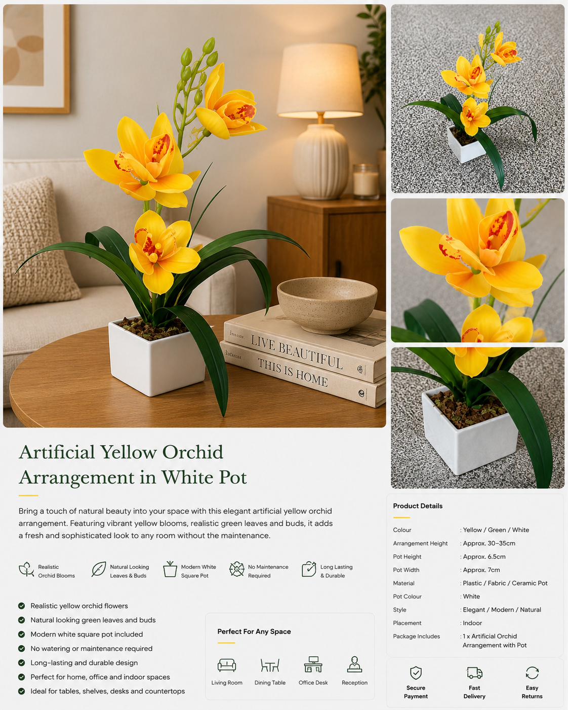 Artificial Yellow Orchid Arrangement in White Pot