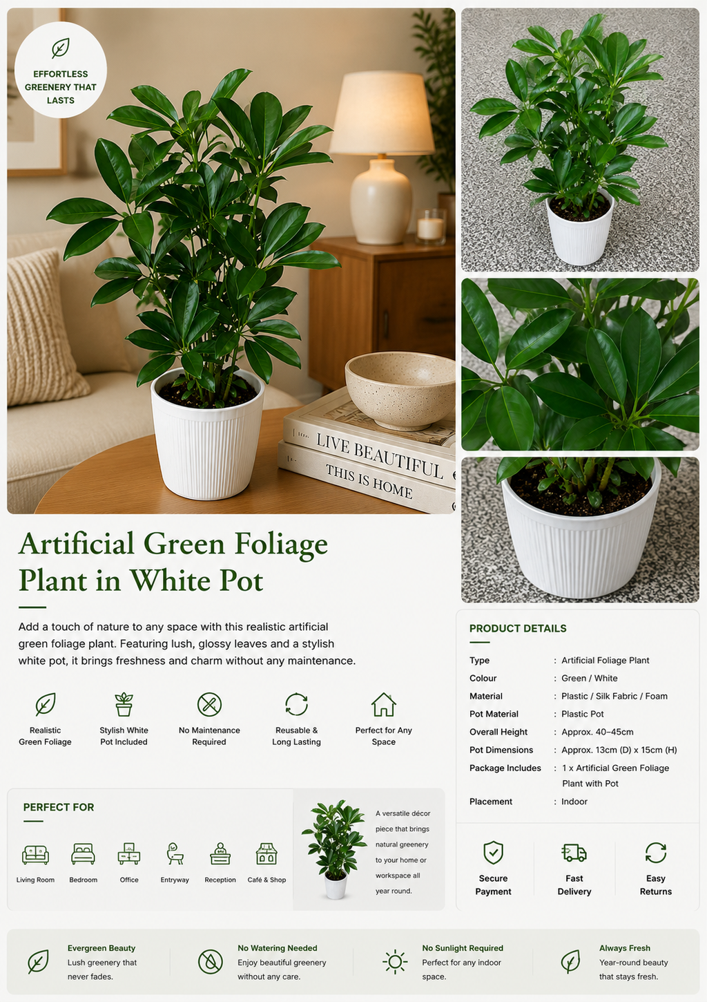 Artificial Green Foliage Plant in White Pot