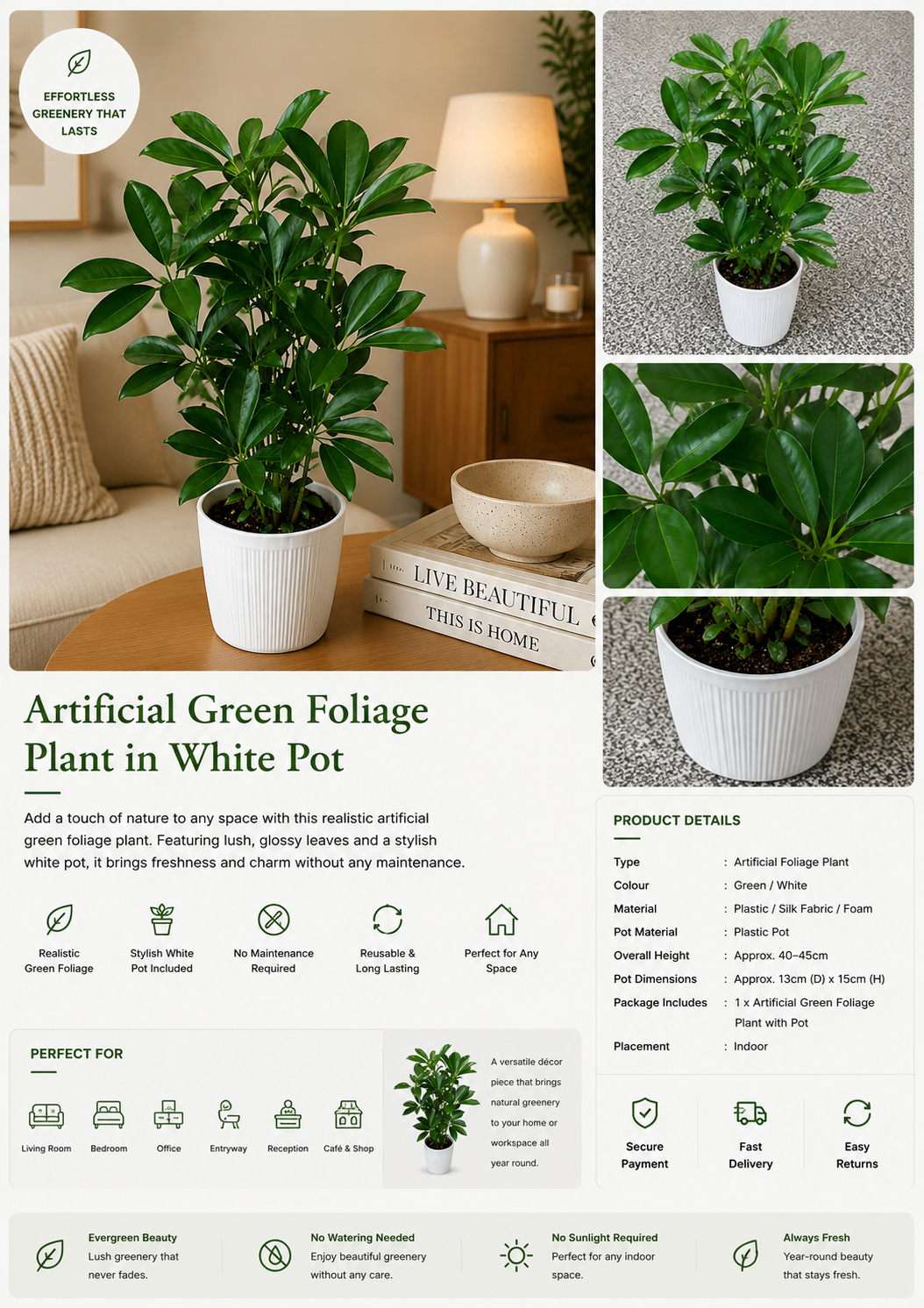 Artificial Green Foliage Plant in White Pot