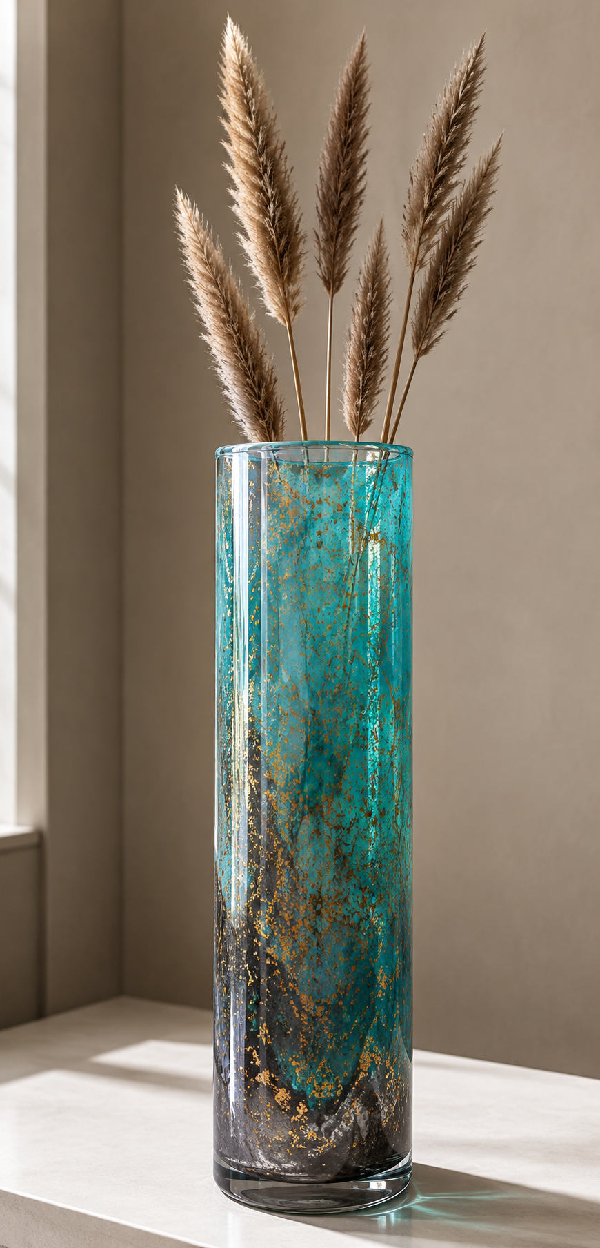 Luxury Teal & Gold Art Glass Cylinder Vase.   ITEM No: WS.26-154-s