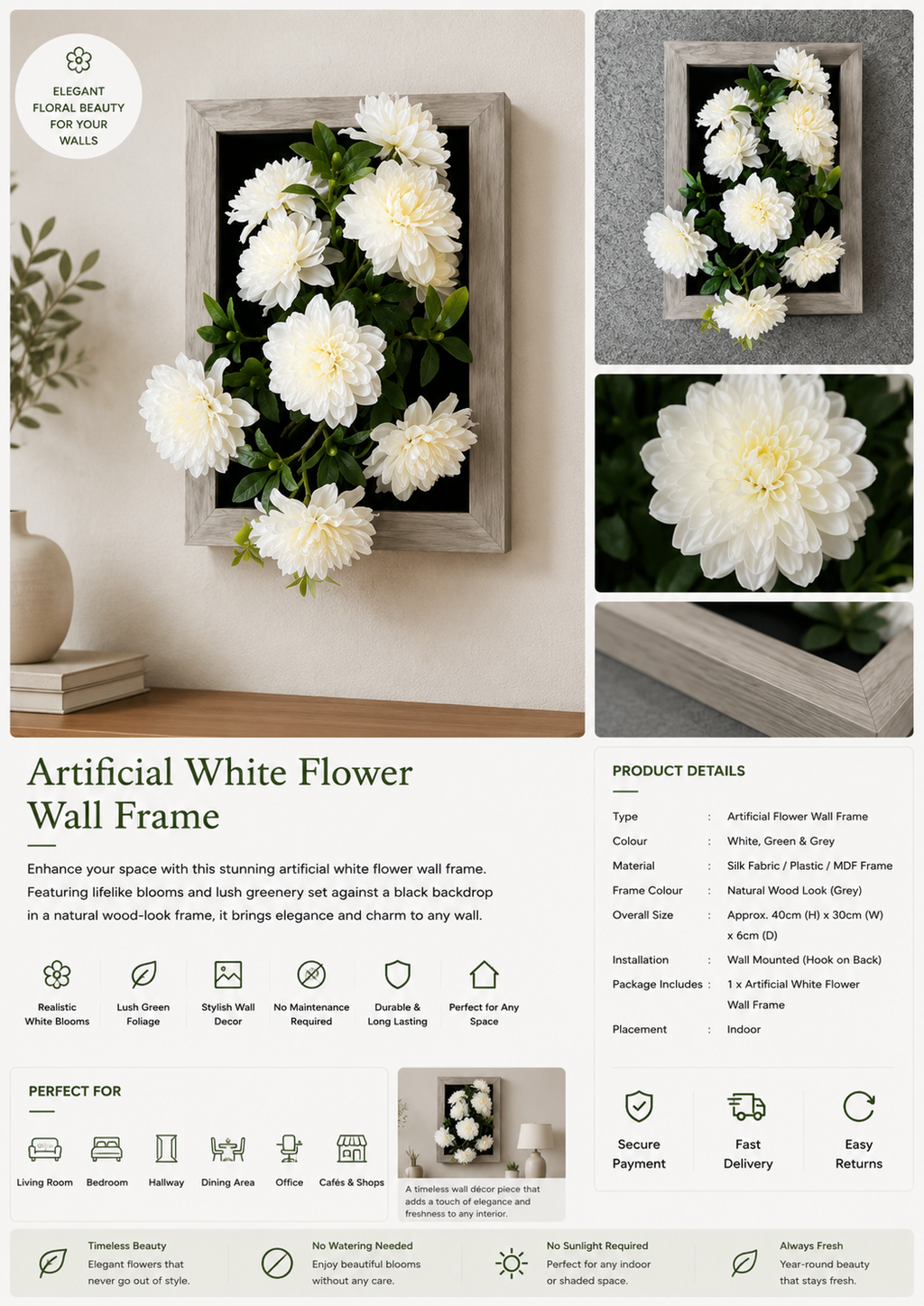 Artificial White Flower Wall Frame – Decorative Floral Wall Art