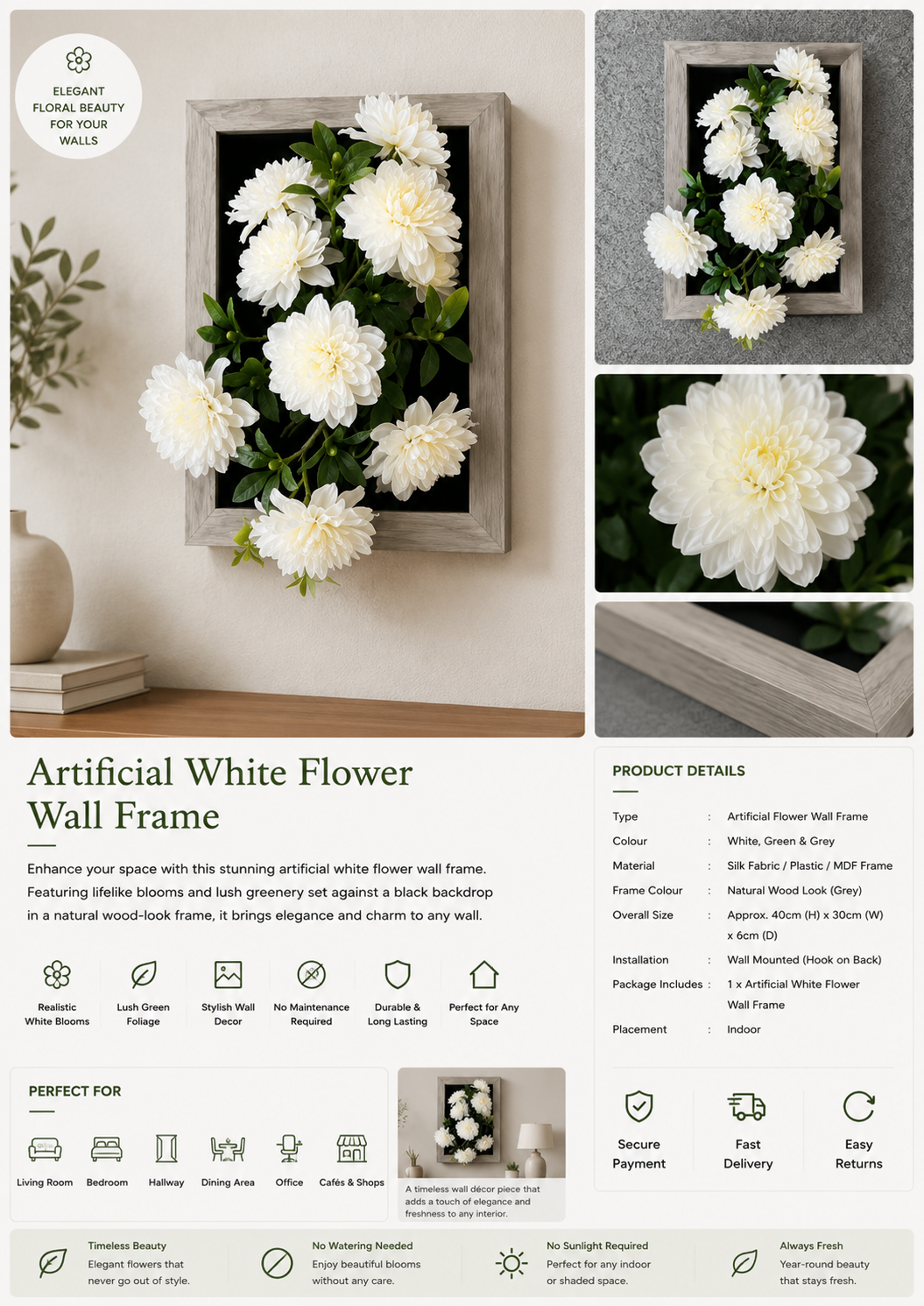Artificial White Flower Wall Frame – Decorative Floral Wall Art