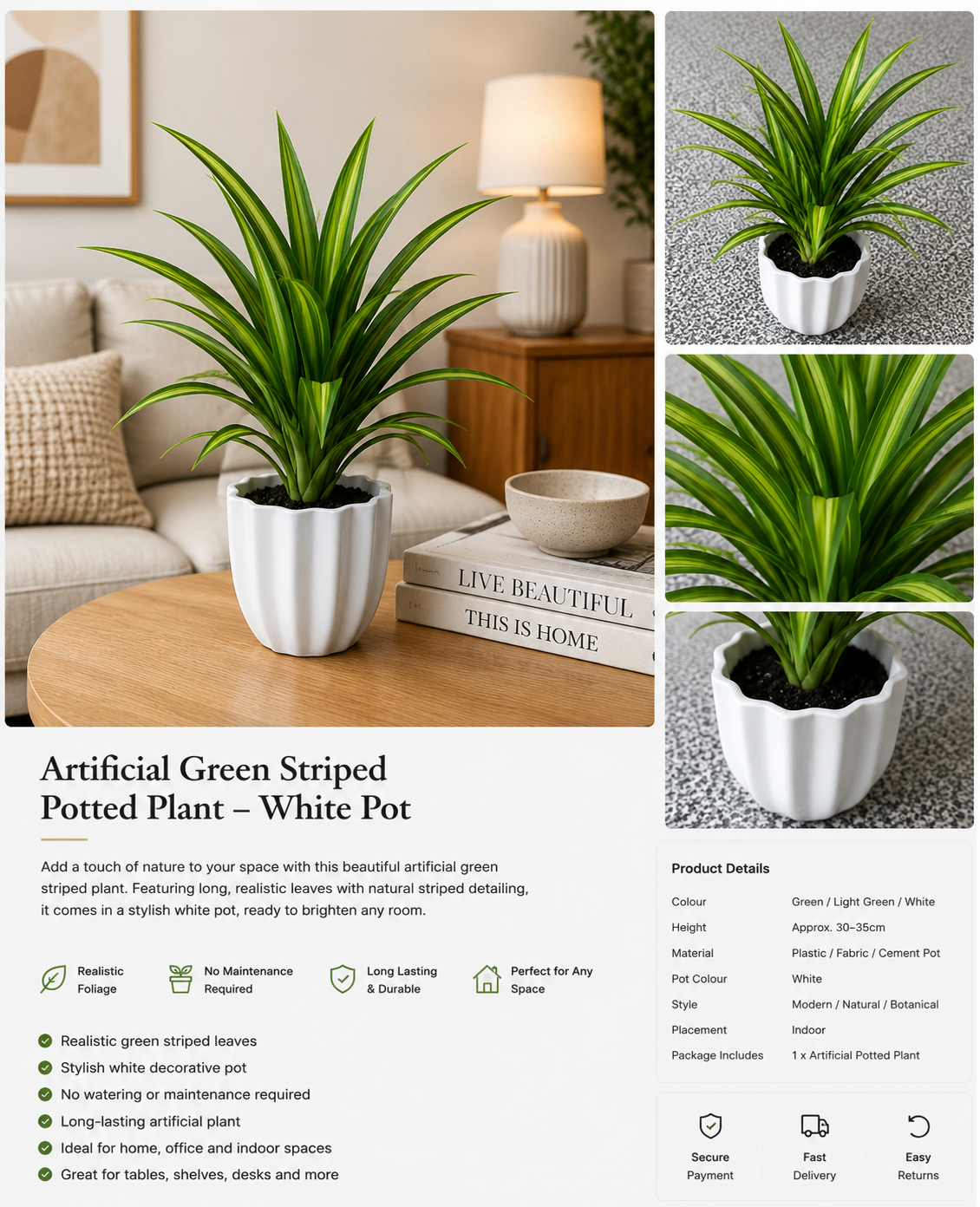 Artificial Green Striped Potted Plant – White Pot