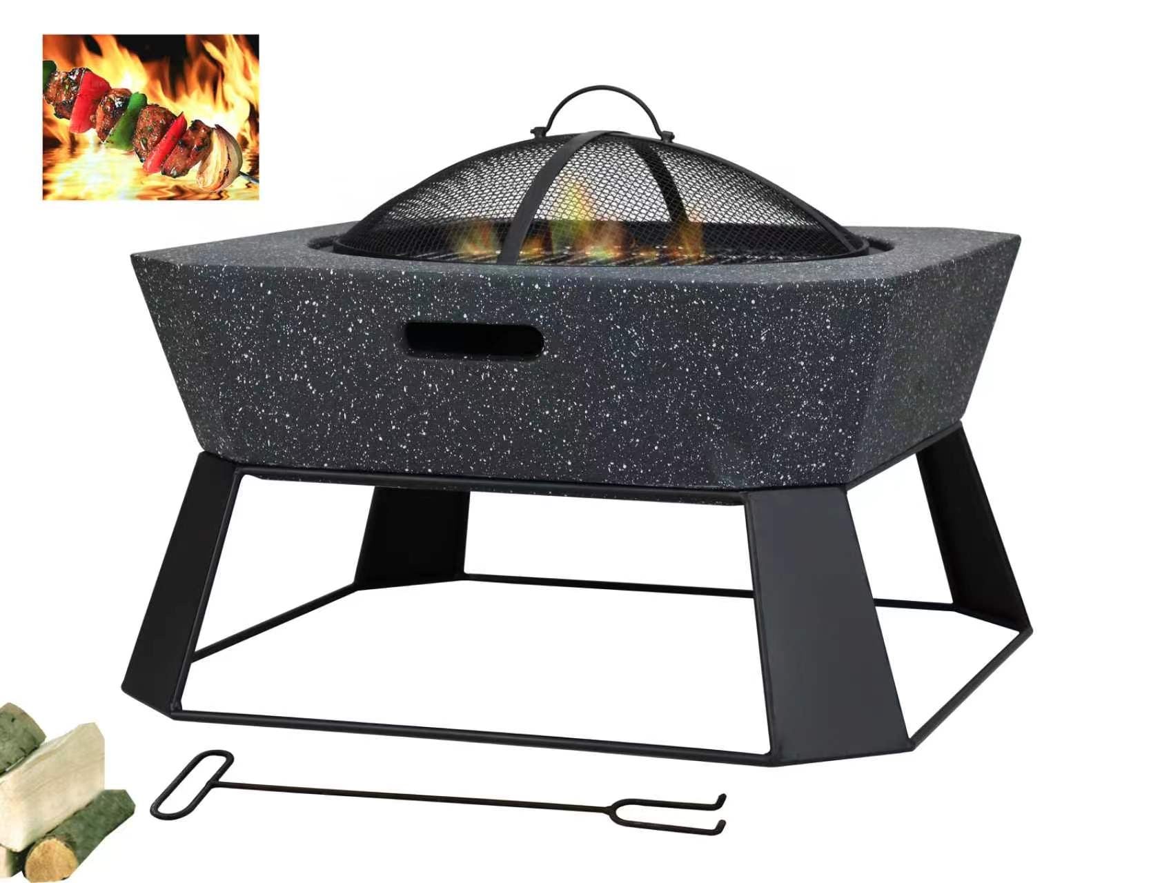 Elevated Outdoor Fire Pit with Grill – Magnesium Oxide Stone (Modern Frame) (62-62-43cm)