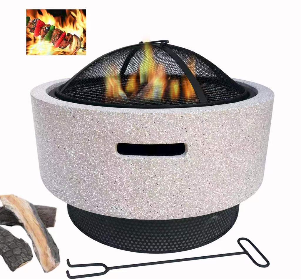 Round Outdoor Fire Pit with Grill – Magnesium Oxide Stone (52-52-38cm)
