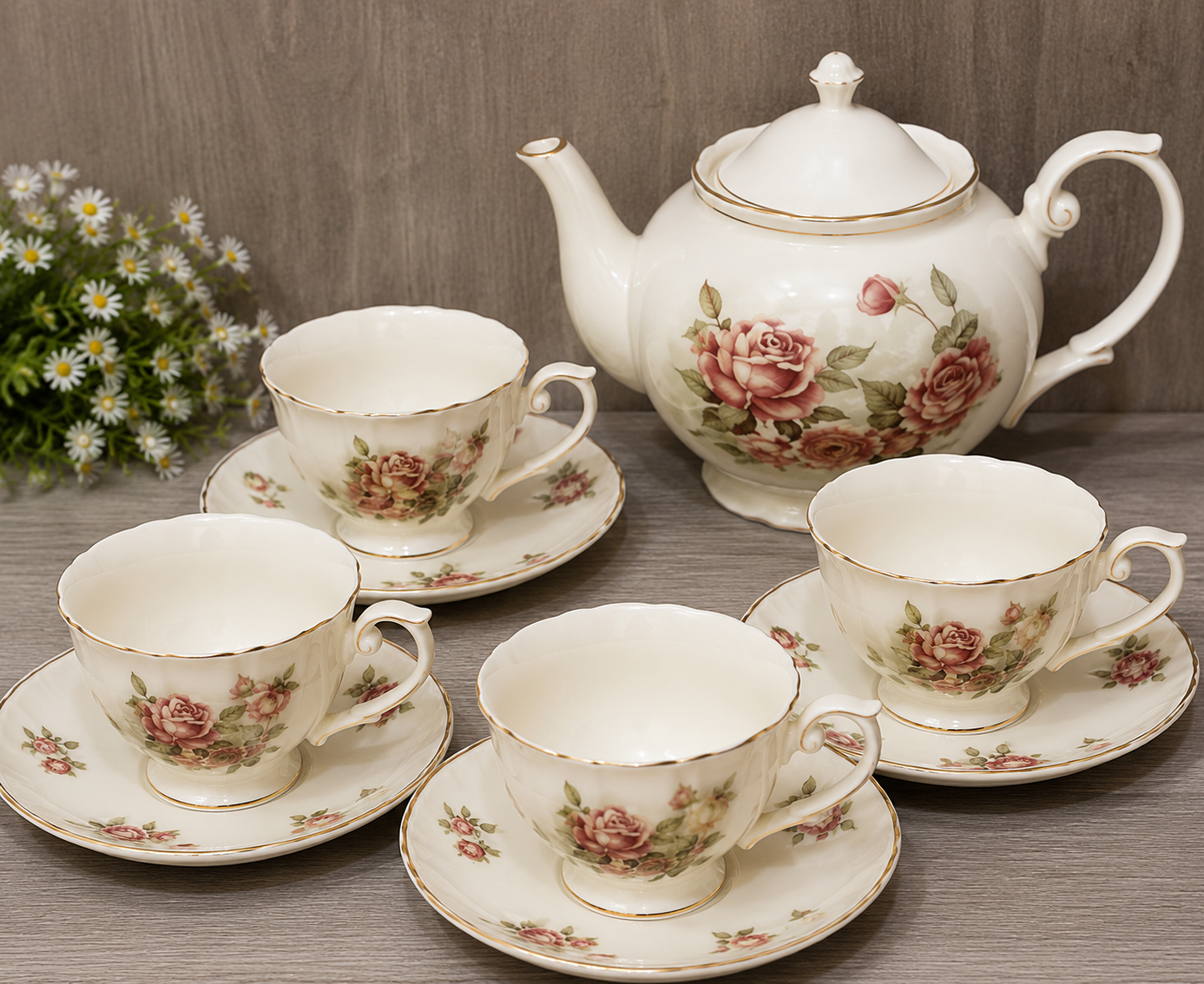 Rose Garden Ceramic Tea Set – 9 Piece.