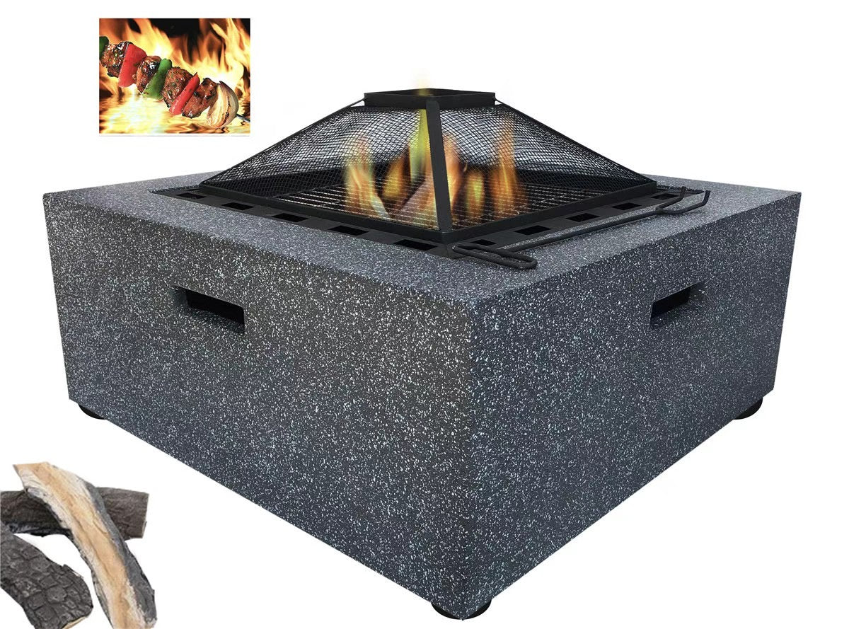 Square Outdoor Fire Pit with Grill – Magnesium Oxide Stone (70-70-41cm) Item No: R16S0074