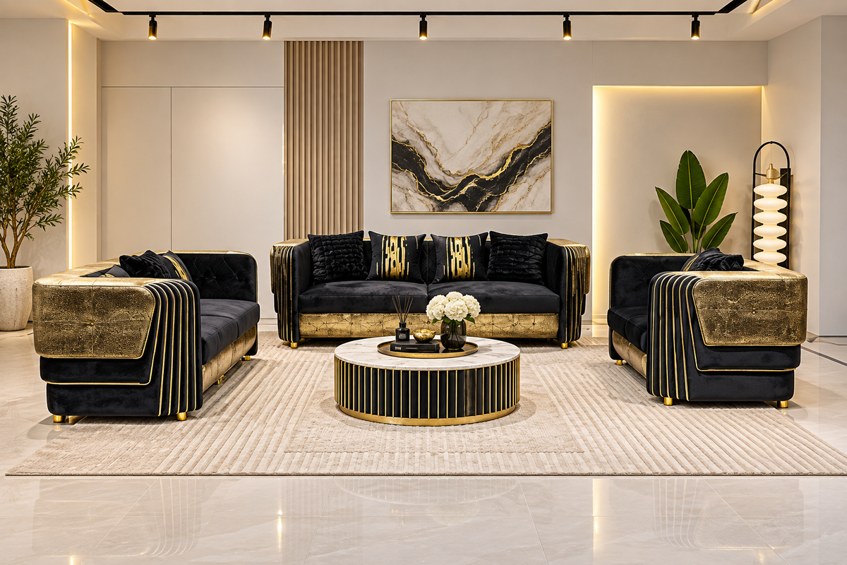 Luxury Black & Gold Fabric Sofa Set – 1+2+3 Seater