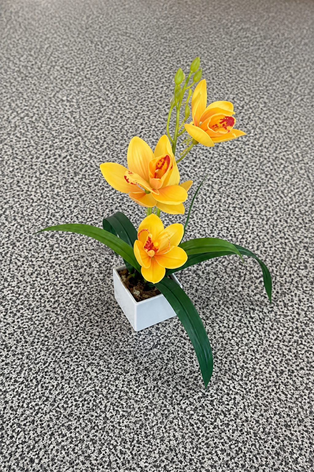 Artificial Yellow Orchid Arrangement in White Pot